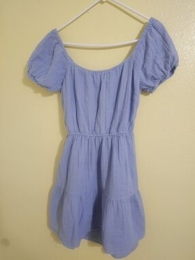 Light Blue Puff Sleeve Tiered Mini Dress